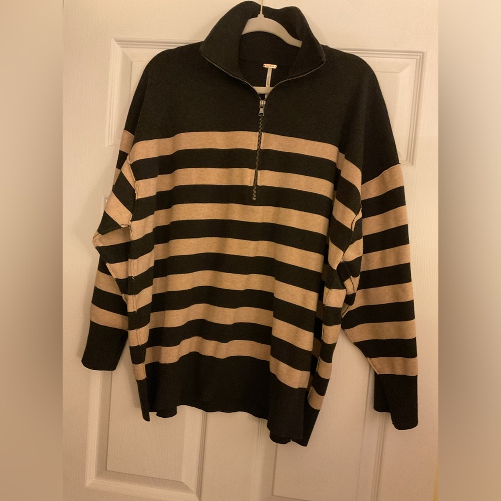 Free People Coastal Stripe Quarter Zip Sweater Charcoal Tan Size Small oversized